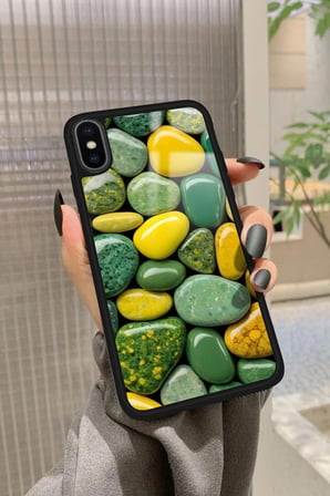 Apple iPhone Xs Uyumlu Yeşil&Sarı Taş Tasarımlı Parlak Silikon Kılıf