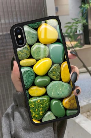 Apple iPhone Xs Uyumlu Yeşil&Sarı Taş Tasarımlı Parlak Silikon Kılıf