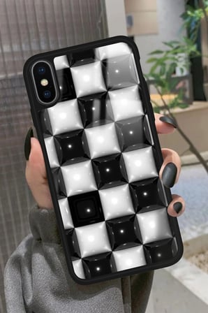 Apple iPhone Xs Uyumlu Siyah-Beyaz Kare Tasarımlı Parlak Silikon Kılıf