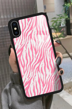 Apple iPhone Xs Uyumlu Pembe Zebra Tasarımlı Parlak Silikon Kılıf