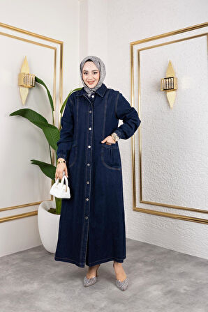 Kadın Düğmeli Cepli Kar Yıkamalı Denim Kot Kap