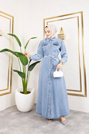 Kadın Cep Detaylı Denim Kot Elbise