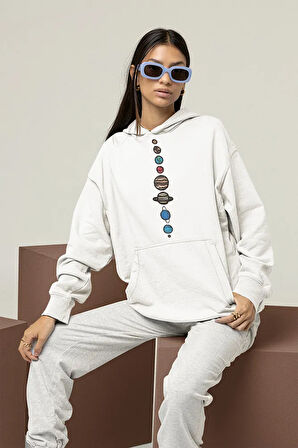 Tasarım Gezegenler Baskılı Unisex Oversize Hoodie