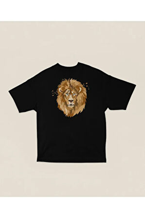 Çizim Lion Baskılı Unisex Oversize Aslan Baskılı Tişört