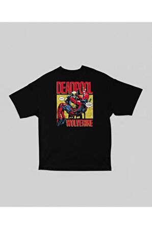 Marvel Wolverine x Deadpool Baskılı Unisex Tişört, Oversize Film Tişört