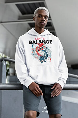 Stay In Balance Fish Yazılı Unisex Oversize Hoodie