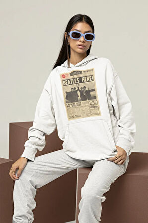 Beatles Here ! Gazete Temalı Unisex Oversize The Beatles Müzik Grubu Hoodie