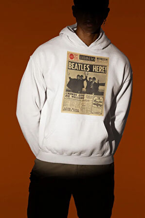 Beatles Here ! Gazete Temalı Unisex Oversize The Beatles Müzik Grubu Hoodie