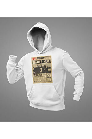 Beatles Here ! Gazete Temalı Unisex Oversize The Beatles Müzik Grubu Hoodie