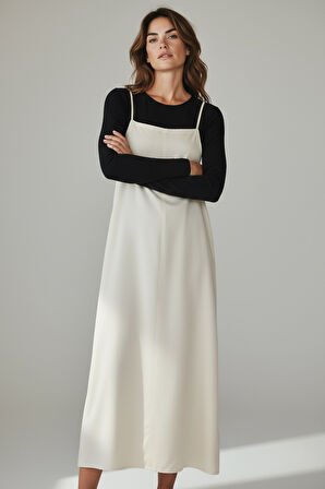 KADIN AYARLANABİLİR İP ASKILI DABIL KUMAŞ ELBİSE