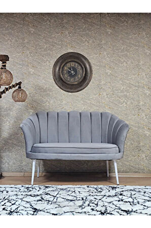 İkili İstiridye Beyaz Boyalı Sivriltme Ayak Çay Seti Koltuk Tekli Berjer , İkili Berjer Koltuk Gri Renk 110 x 48 Boyut/Ebat