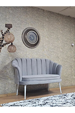 İkili İstiridye Beyaz Boyalı Sivriltme Ayak Çay Seti Koltuk Tekli Berjer , İkili Berjer Koltuk Gri Renk 110 x 48 Boyut/Ebat