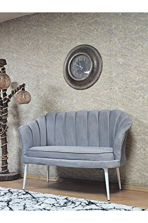 İkili İstiridye Beyaz Boyalı Sivriltme Ayak Çay Seti Koltuk Tekli Berjer , İkili Berjer Koltuk Gri Renk 110 x 48 Boyut/Ebat