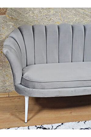 İkili İstiridye Beyaz Boyalı Sivriltme Ayak Çay Seti Koltuk Tekli Berjer , İkili Berjer Koltuk Gri Renk 110 x 48 Boyut/Ebat