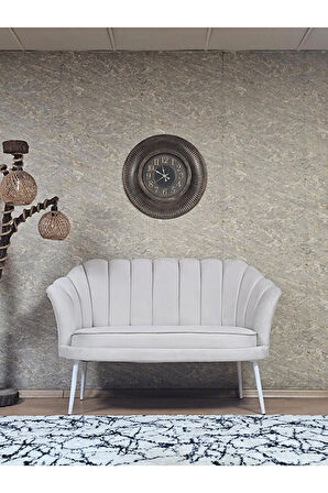 İkili İstiridye Beyaz Boyalı Sivriltme Ayak Çay Seti Koltuk Tekli Berjer , İkili Berjer Koltuk Krem Renk 110 x 48 Boyut/Ebat