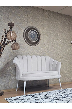 İkili İstiridye Beyaz Boyalı Sivriltme Ayak Çay Seti Koltuk Tekli Berjer , İkili Berjer Koltuk Krem Renk 110 x 48 Boyut/Ebat