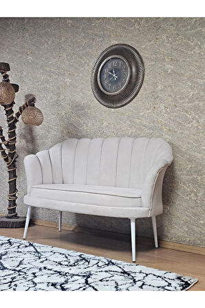 İkili İstiridye Beyaz Boyalı Sivriltme Ayak Çay Seti Koltuk Tekli Berjer , İkili Berjer Koltuk Krem Renk 110 x 48 Boyut/Ebat