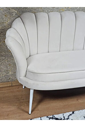 İkili İstiridye Beyaz Boyalı Sivriltme Ayak Çay Seti Koltuk Tekli Berjer , İkili Berjer Koltuk Krem Renk 110 x 48 Boyut/Ebat