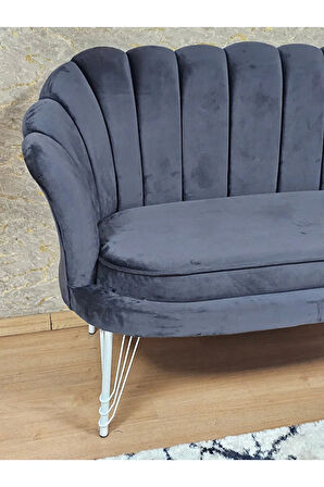 İkili İstiridye Beyaz Boyalı Telli Ayak Çay Seti Koltuk Tekli Berjer , İkili Berjer Koltuk Fume Renk 110 x 48 Boyut/Ebat