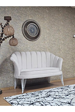 İkili İstiridye Beyaz Boyalı Telli Ayak Çay Seti Koltuk Tekli Berjer , İkili Berjer Koltuk Krem Renk 110 x 48 Boyut/Ebat