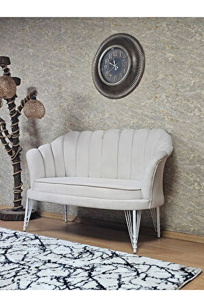 İkili İstiridye Beyaz Boyalı Telli Ayak Çay Seti Koltuk Tekli Berjer , İkili Berjer Koltuk Krem Renk 110 x 48 Boyut/Ebat