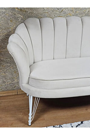 İkili İstiridye Beyaz Boyalı Telli Ayak Çay Seti Koltuk Tekli Berjer , İkili Berjer Koltuk Krem Renk 110 x 48 Boyut/Ebat