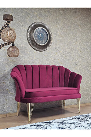 İkili İstiridye Gold Kaplama Telli Ayak Çay Seti Koltuk Tekli Berjer , İkili Berjer Koltuk Bordo Renk 110 x 48 Boyut/Ebat