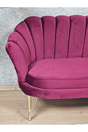 İkili İstiridye Gold Kaplama Telli Ayak Çay Seti Koltuk Tekli Berjer , İkili Berjer Koltuk Bordo Renk 110 x 48 Boyut/Ebat