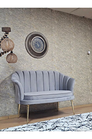 İkili İstiridye Gold Kaplama Sivriltme Ayak Çay Seti Koltuk İkili Berjer , İkili Berjer Koltuk Gri Renk 110 x 48 Boyut/Ebat