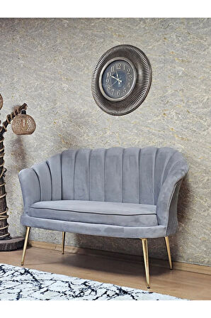 İkili İstiridye Gold Kaplama Sivriltme Ayak Çay Seti Koltuk İkili Berjer , İkili Berjer Koltuk Gri Renk 110 x 48 Boyut/Ebat