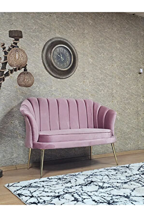 İkili İstiridye Gold Kaplama Sivriltme Ayak Çay Seti Koltuk İkili Berjer , İkili Berjer Koltuk Pembe Renk 110 x 48 Boyut/Ebat