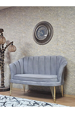 İkili İstiridye Gold Kaplama Telli Ayak Çay Seti Koltuk Tekli Berjer , İkili Berjer Koltuk Gri Renk 110 x 48 Boyut/Ebat