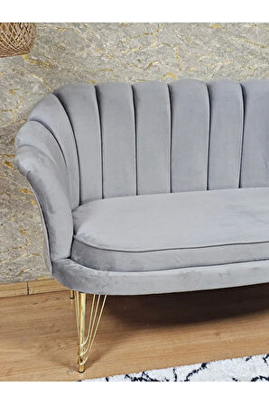 İkili İstiridye Gold Kaplama Telli Ayak Çay Seti Koltuk Tekli Berjer , İkili Berjer Koltuk Gri Renk 110 x 48 Boyut/Ebat