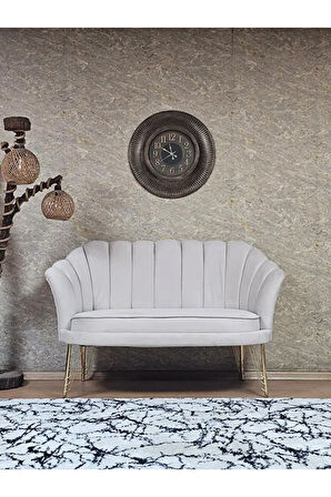 İkili İstiridye Gold Kaplama Telli Ayak Çay Seti Koltuk Tekli Berjer , İkili Berjer Koltuk Krem Renk 110 x 48 Boyut/Ebat