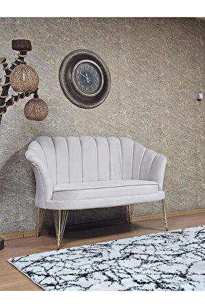 İkili İstiridye Gold Kaplama Telli Ayak Çay Seti Koltuk Tekli Berjer , İkili Berjer Koltuk Krem Renk 110 x 48 Boyut/Ebat