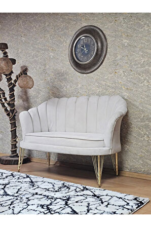 İkili İstiridye Gold Kaplama Telli Ayak Çay Seti Koltuk Tekli Berjer , İkili Berjer Koltuk Krem Renk 110 x 48 Boyut/Ebat