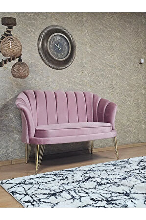 İkili İstiridye Gold Kaplama Telli Ayak Çay Seti Koltuk Tekli Berjer , İkili Berjer Koltuk Pembe Renk 110 x 48 Boyut/Ebat