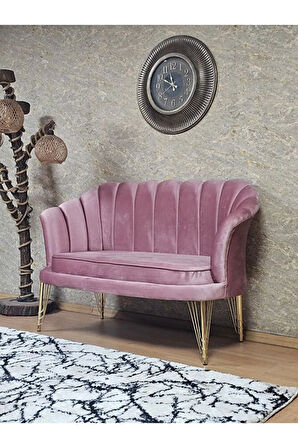 İkili İstiridye Gold Kaplama Telli Ayak Çay Seti Koltuk Tekli Berjer , İkili Berjer Koltuk Pembe Renk 110 x 48 Boyut/Ebat