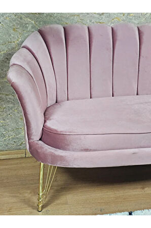 İkili İstiridye Gold Kaplama Telli Ayak Çay Seti Koltuk Tekli Berjer , İkili Berjer Koltuk Pembe Renk 110 x 48 Boyut/Ebat