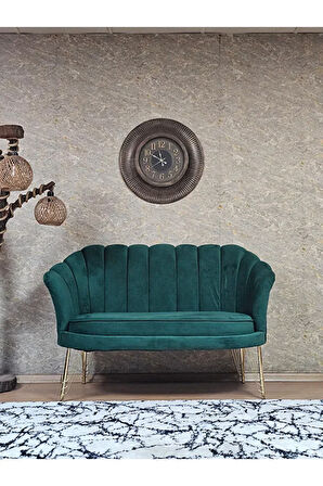 İkili İstiridye Gold Kaplama Telli Ayak Çay Seti Koltuk Tekli Berjer , İkili Berjer Koltuk Yeşil Renk 110 x 48 Boyut/Ebat