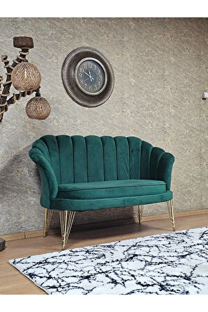 İkili İstiridye Gold Kaplama Telli Ayak Çay Seti Koltuk Tekli Berjer , İkili Berjer Koltuk Yeşil Renk 110 x 48 Boyut/Ebat