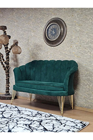 İkili İstiridye Gold Kaplama Telli Ayak Çay Seti Koltuk Tekli Berjer , İkili Berjer Koltuk Yeşil Renk 110 x 48 Boyut/Ebat