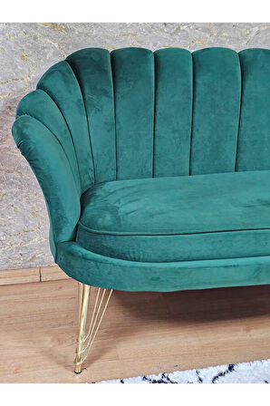 İkili İstiridye Gold Kaplama Telli Ayak Çay Seti Koltuk Tekli Berjer , İkili Berjer Koltuk Yeşil Renk 110 x 48 Boyut/Ebat