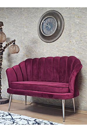 İkili İstiridye Krom Kaplama Sivriltme Ayak Çay Seti Koltuk İkili Berjer , İkili Berjer Koltuk Bordo Renk 110 x 48 Boyut/Ebat