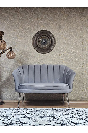 İkili İstiridye Krom Kaplama Sivriltme Ayak Çay Seti Koltuk İkili Berjer , İkili Berjer Koltuk Gri Renk 110 x 48 Boyut/Ebat