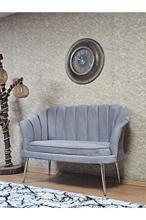 İkili İstiridye Krom Kaplama Sivriltme Ayak Çay Seti Koltuk İkili Berjer , İkili Berjer Koltuk Gri Renk 110 x 48 Boyut/Ebat