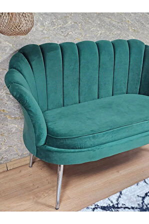 İkili İstiridye Krom Kaplama Sivriltme Ayak Çay Seti Koltuk İkili Berjer , İkili Berjer Koltuk Yeşil Renk 110 x 48 Boyut/Ebat