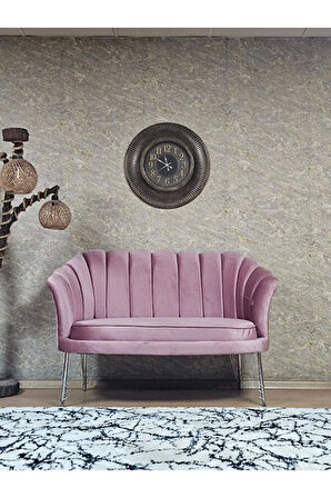 İkili İstiridye Krom Kaplama Telli Ayak Çay Seti Koltuk Tekli Berjer , İkili Berjer Koltuk Pembe Renk 110 x 48 Boyut/Ebat