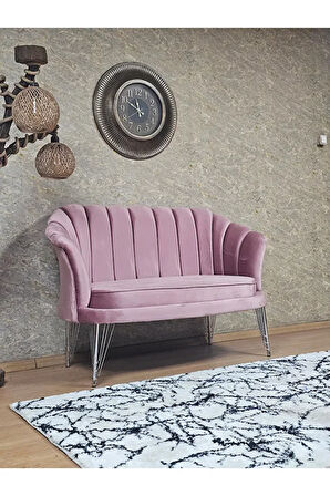 İkili İstiridye Krom Kaplama Telli Ayak Çay Seti Koltuk Tekli Berjer , İkili Berjer Koltuk Pembe Renk 110 x 48 Boyut/Ebat