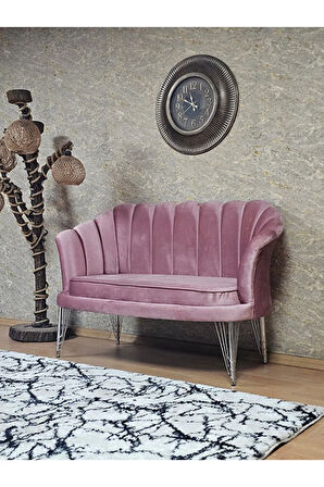 İkili İstiridye Krom Kaplama Telli Ayak Çay Seti Koltuk Tekli Berjer , İkili Berjer Koltuk Pembe Renk 110 x 48 Boyut/Ebat